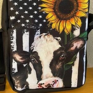 🐮 🌻 Cow and Sunflower Black and White US Flag Satchel / Messenger Bag